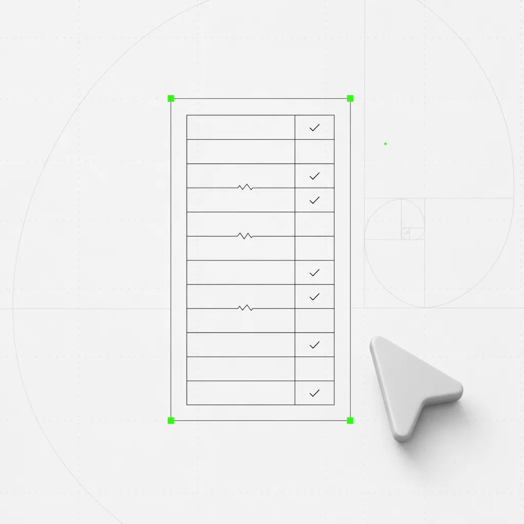 Uma matriz de checklist onde algumas linhas passam e algumas mostram uma marca de quebra, selecionada em uma moldura verde sobre um fundo editorial quase branco