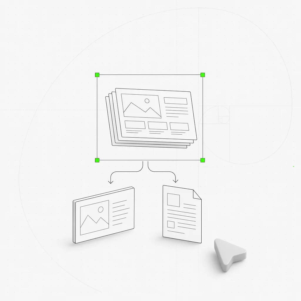 Um deck de slides concluído se erguendo do canvas e se dividindo em um arquivo PPTX e um arquivo PDF, os dois arquivos de saída emoldurados dentro de uma caixa de seleção verde sobre um fundo editorial quase branco