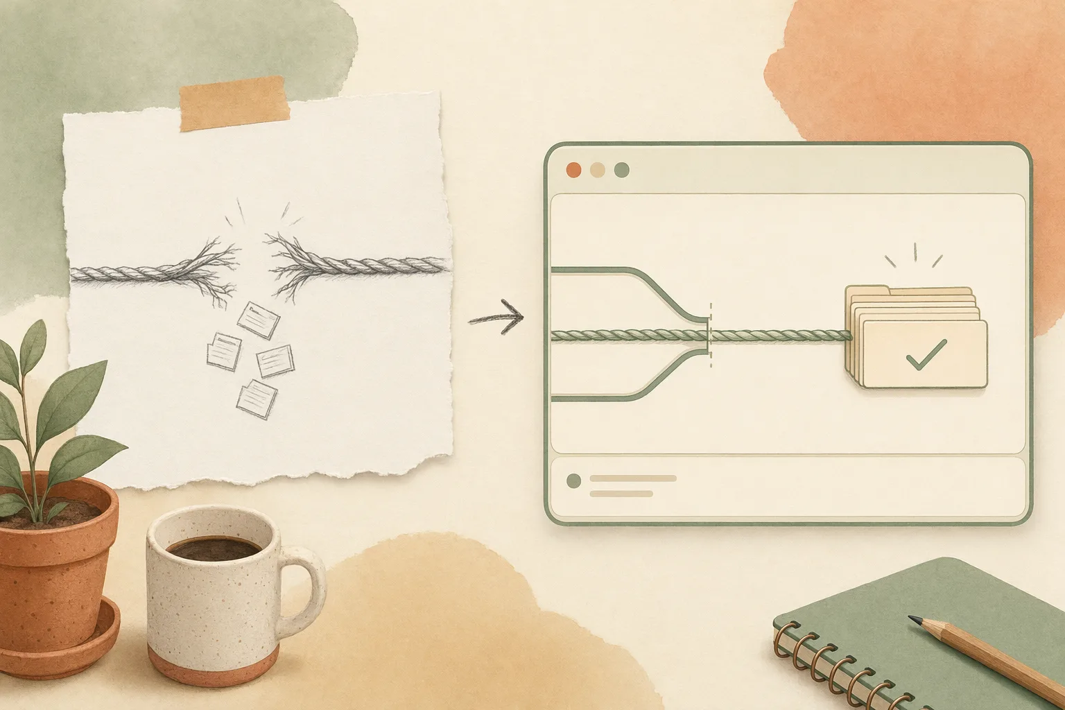 Um fio longo e sem rupturas levando uma pilha de fichas de arquivos gerados por um portal que se estreita e chegando inteiro a uma interface verde-sálvia serena, em ilustração editorial acolhedora