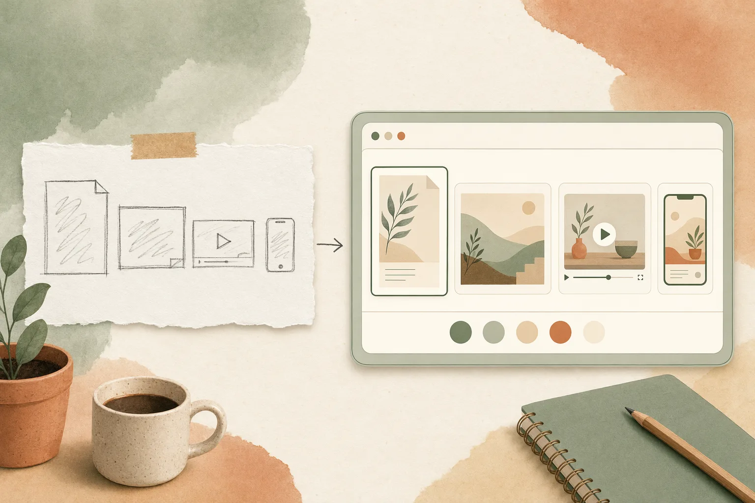 Um esboço de vários formatos de saída — documento, pôster, vídeo, tela de celular — virando cada um a própria prévia de estilo com as proporções certas dentro de uma interface verde-sálvia serena, em ilustração editorial acolhedora