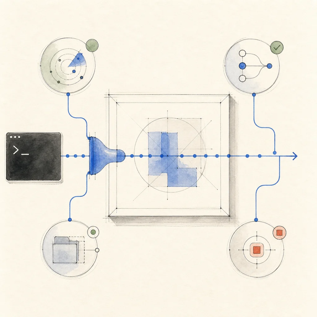 Um comando passa por um runtime nativo azul até um canvas de design