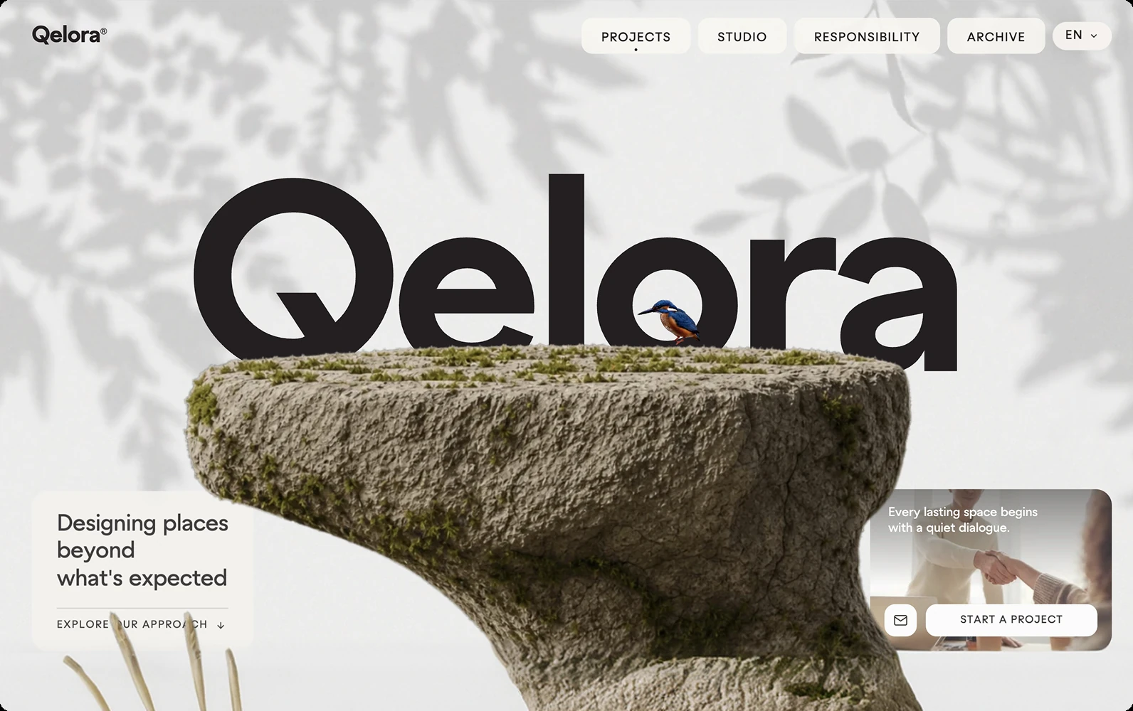 Real web prototype generated with OpenDesign, showing the responsive Qelora project homepage