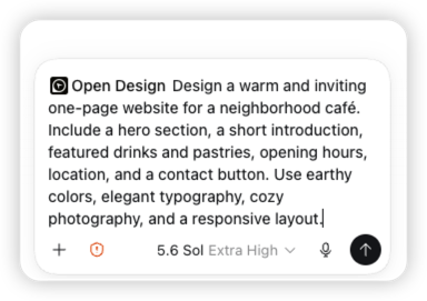 OpenDesign에 따뜻한 분위기의 동네 카페 웹사이트 제작을 요청하는 실제 Codex 프롬프트