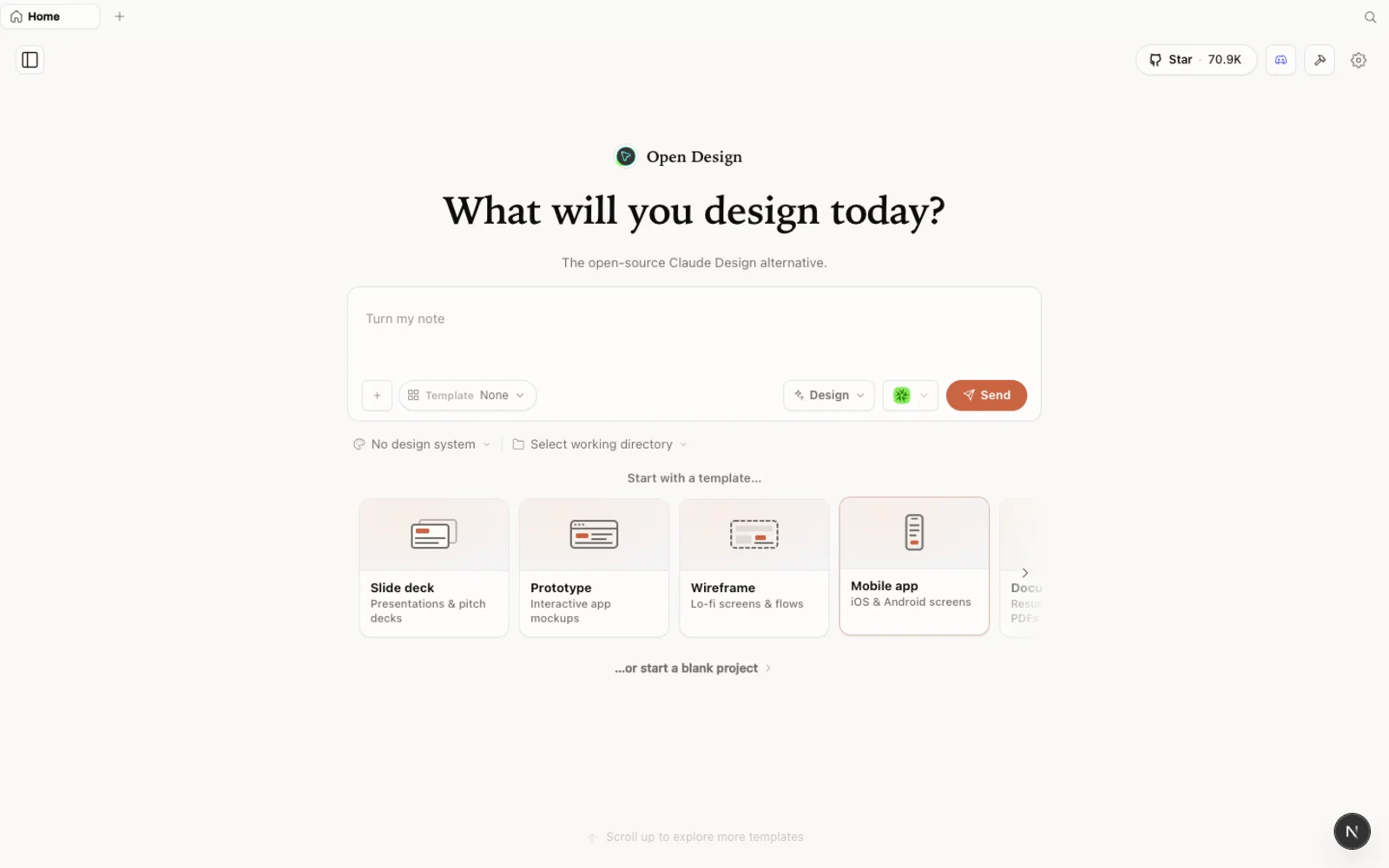 El espacio de trabajo de OpenDesign, listo para generar.